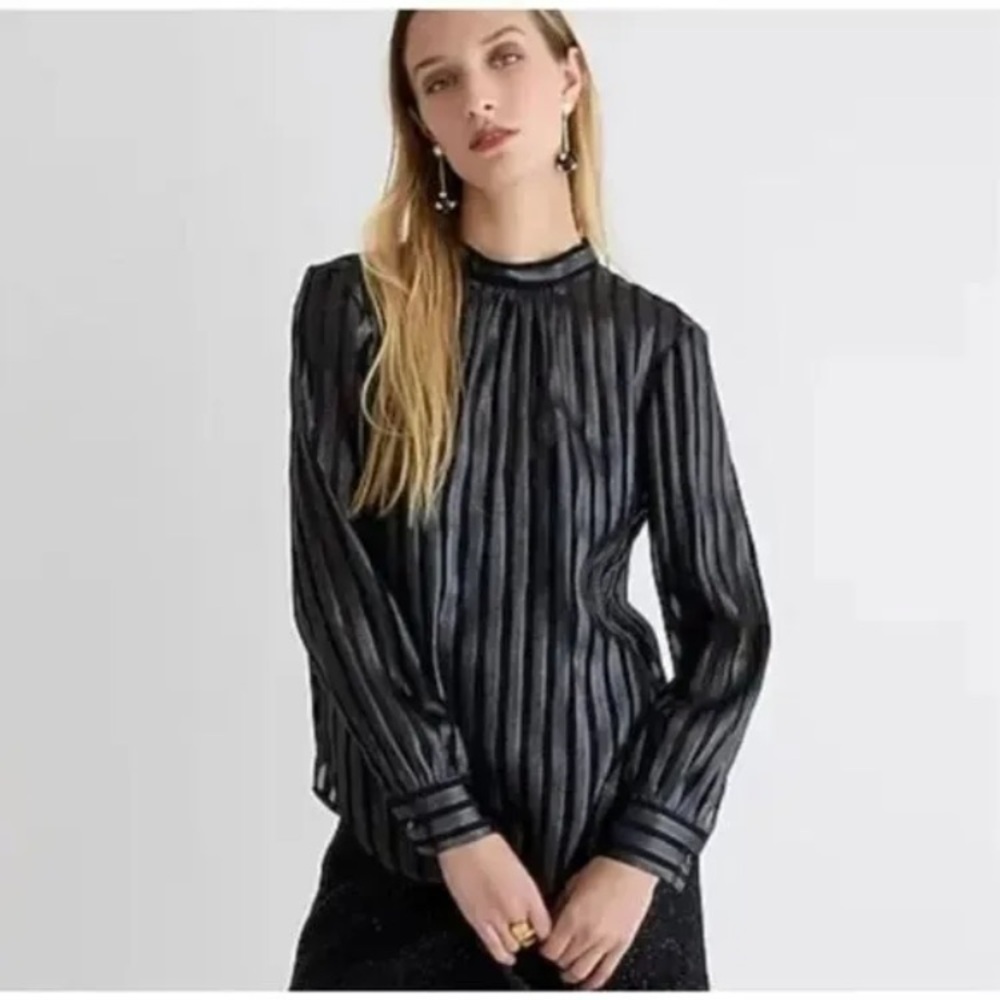 NWT J. Crew SMALL Silk Metallic Chiffon Mockneck Top Blouse Black Long Holiday